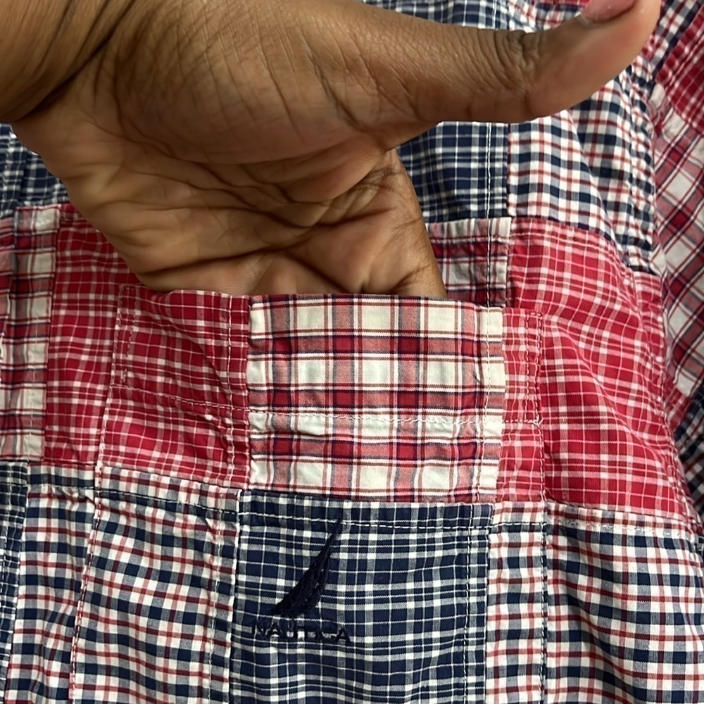 Nautica Shirt XL Men’s Patch Work Button Down Short Sleeve Check Short - Picture 6 of 8